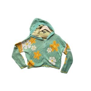 Y2K pastel Witty Fox Floral Knit Hoodie Green floral Zip Up Sweater Womens sz M